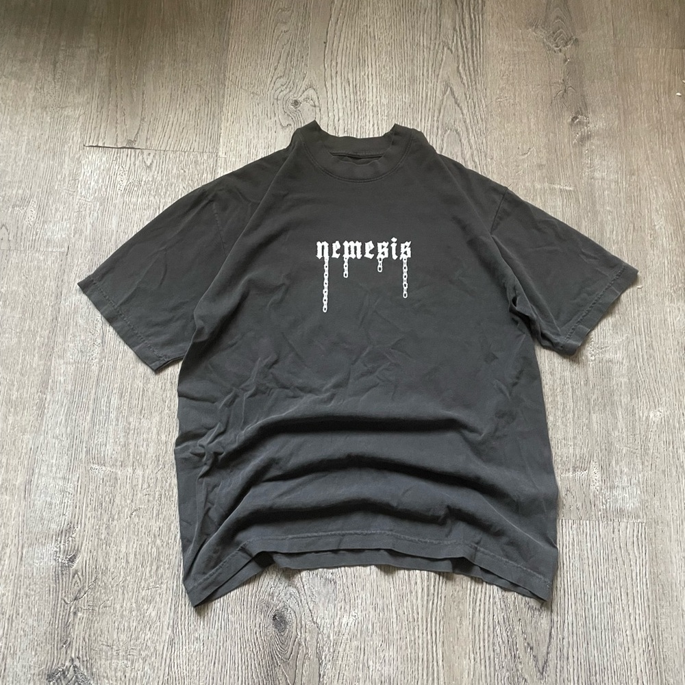 Y2K Nemesis gothic brand drip font chain graphic washed black oversized tee size